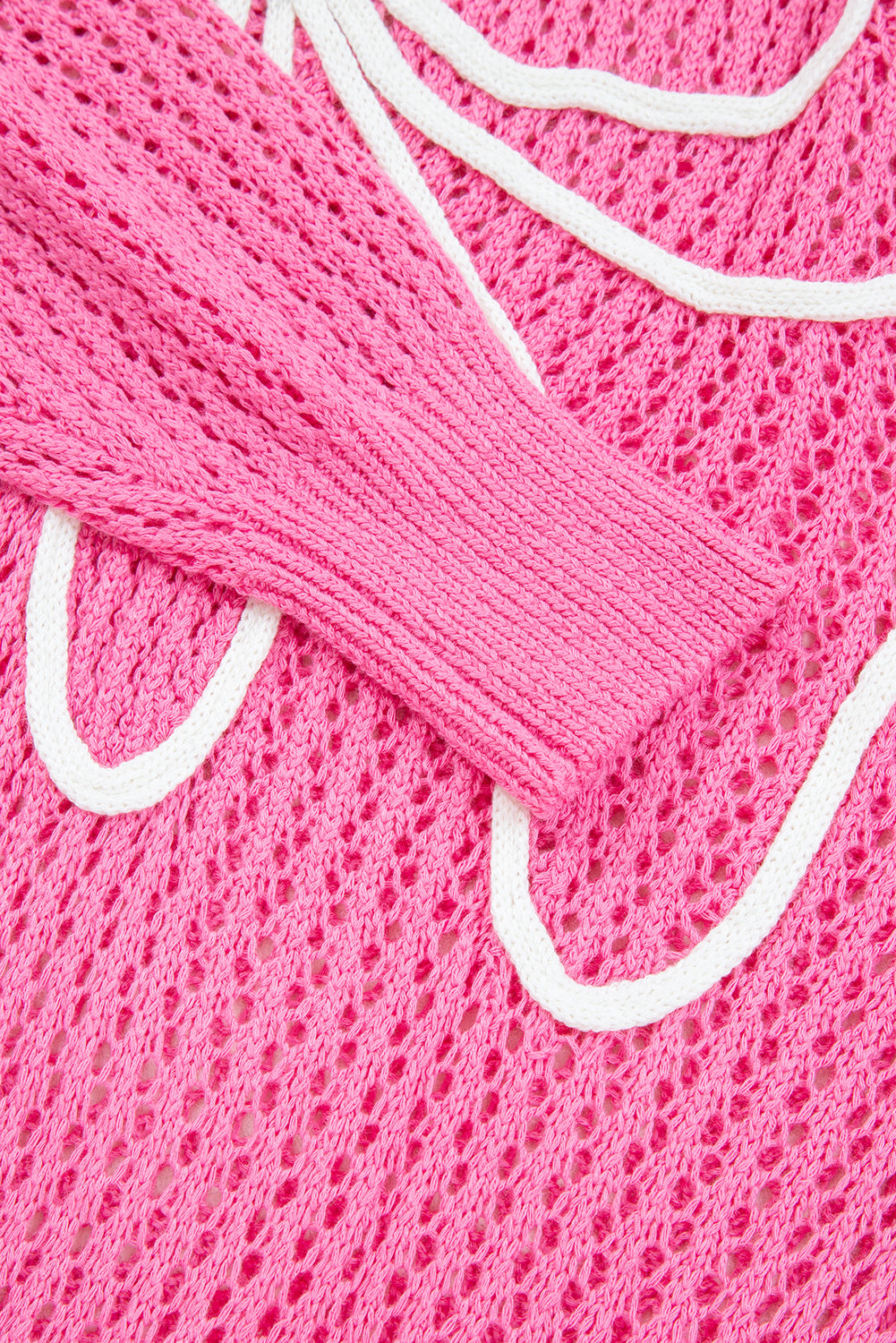 Sachet Pink Bow Decor Hollow Out Knitted Drop Shoulder Sweater