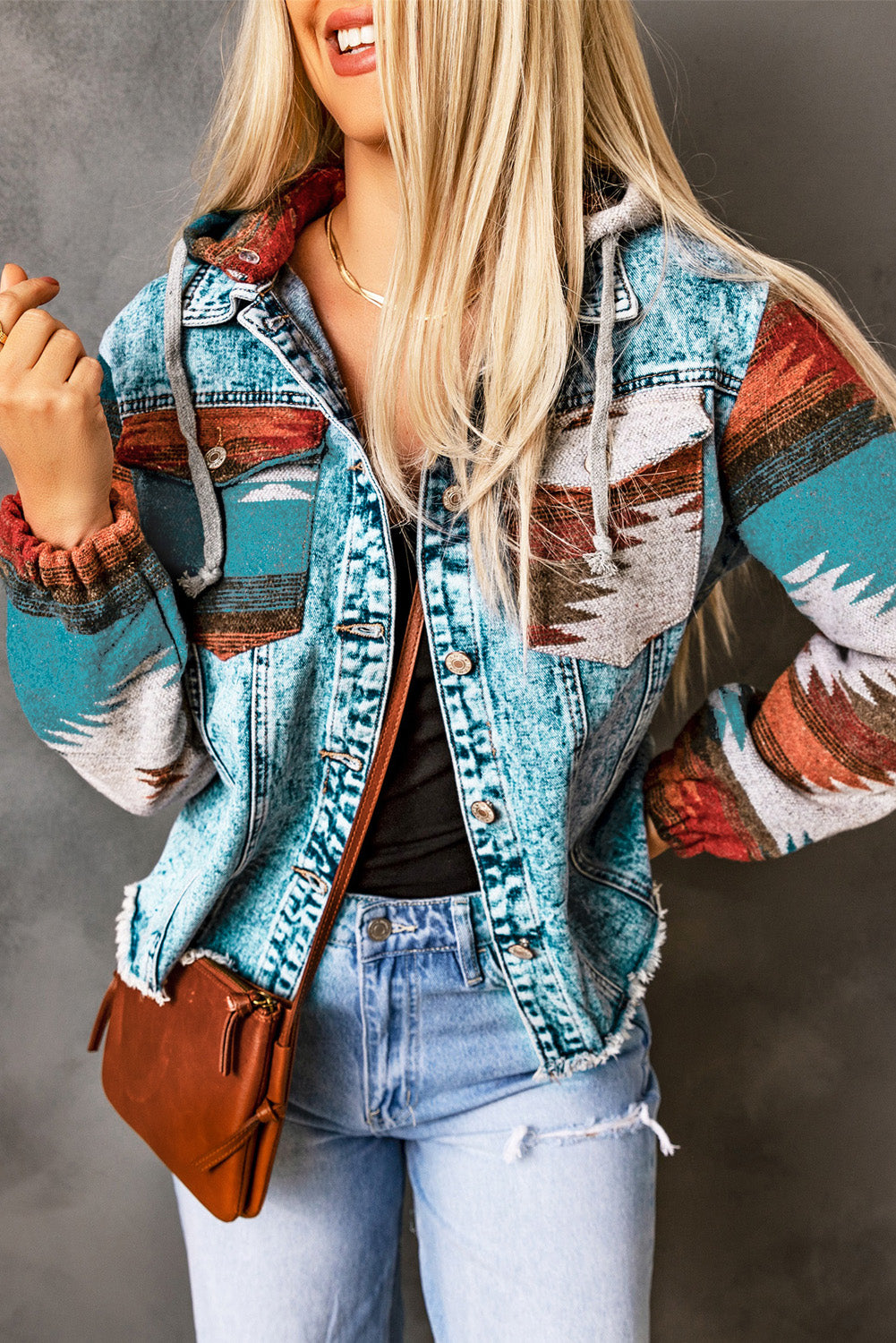 Vibrant Aztec Print Frayed Hem Denim Jacket
