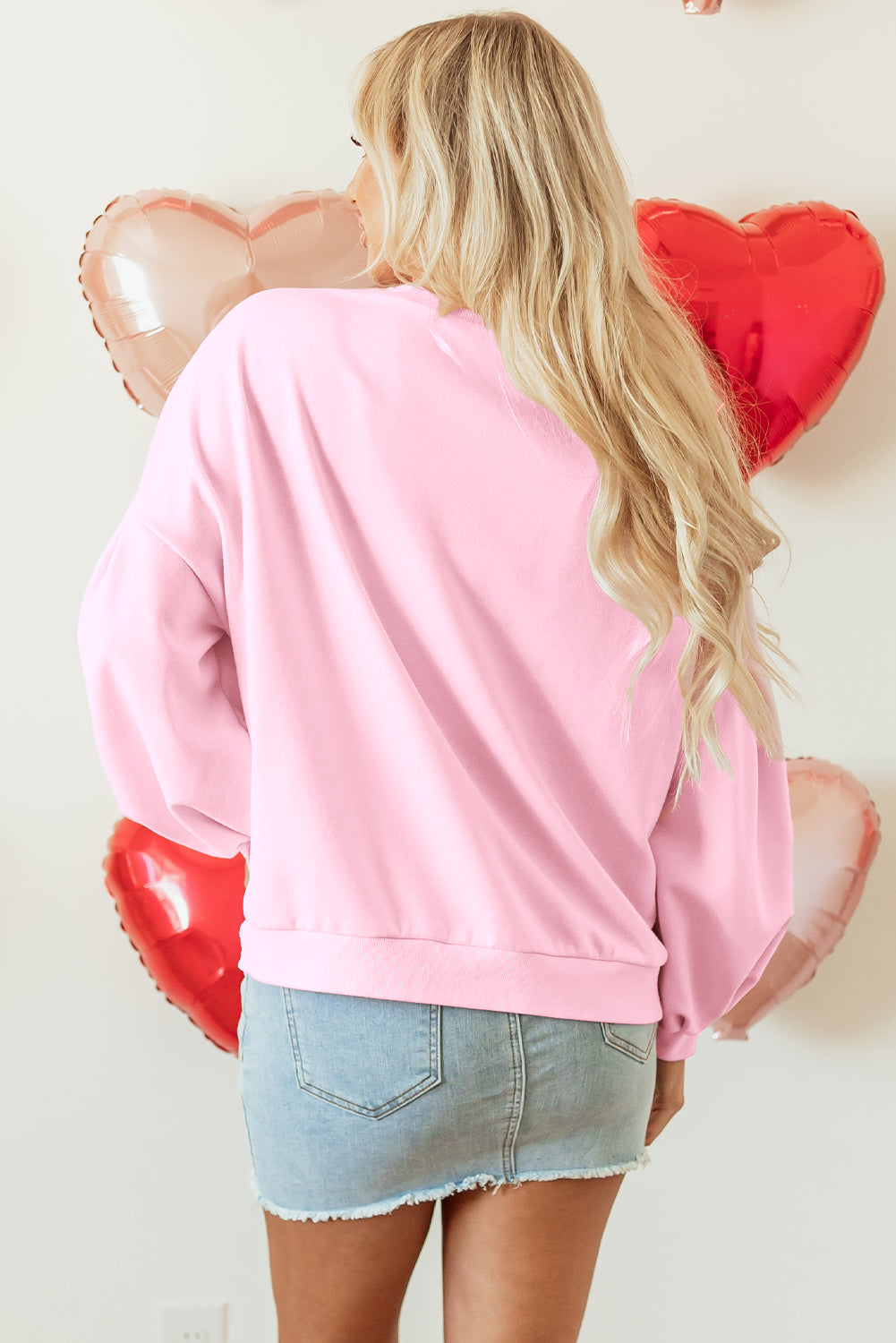 Mrs Pinky Is Embroidered Bow Lantern Sleeve Oversized Pullover Sweatshirt