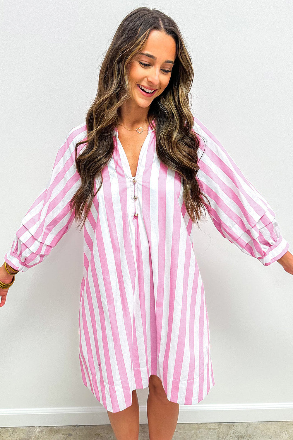 Cow Girl Stripe Bracelet Sleeve Buttons Loose Mini Dress