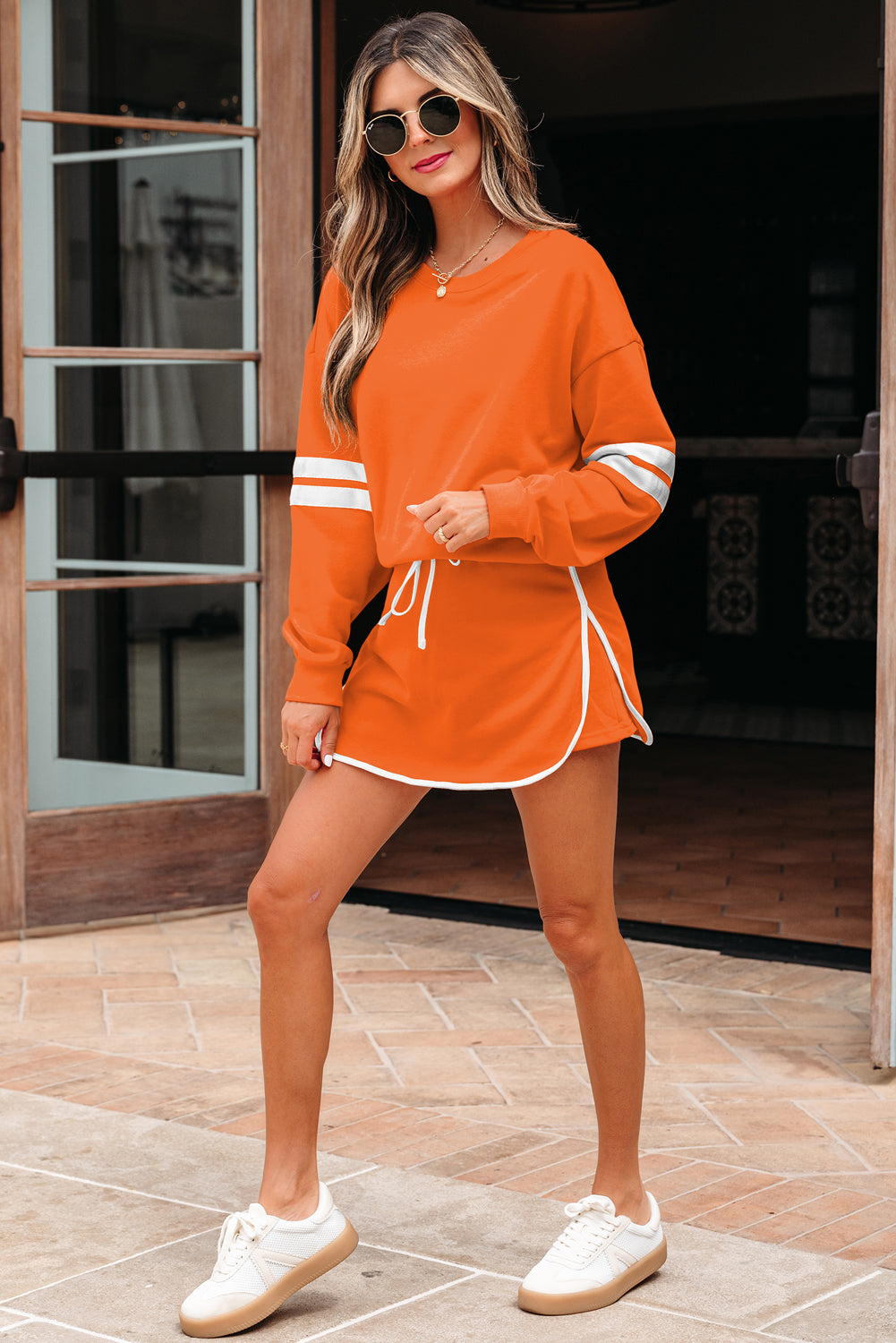 Fly Girl Varsity Stripe Detail Drop Shoulder Pullover Mini Skirt Set