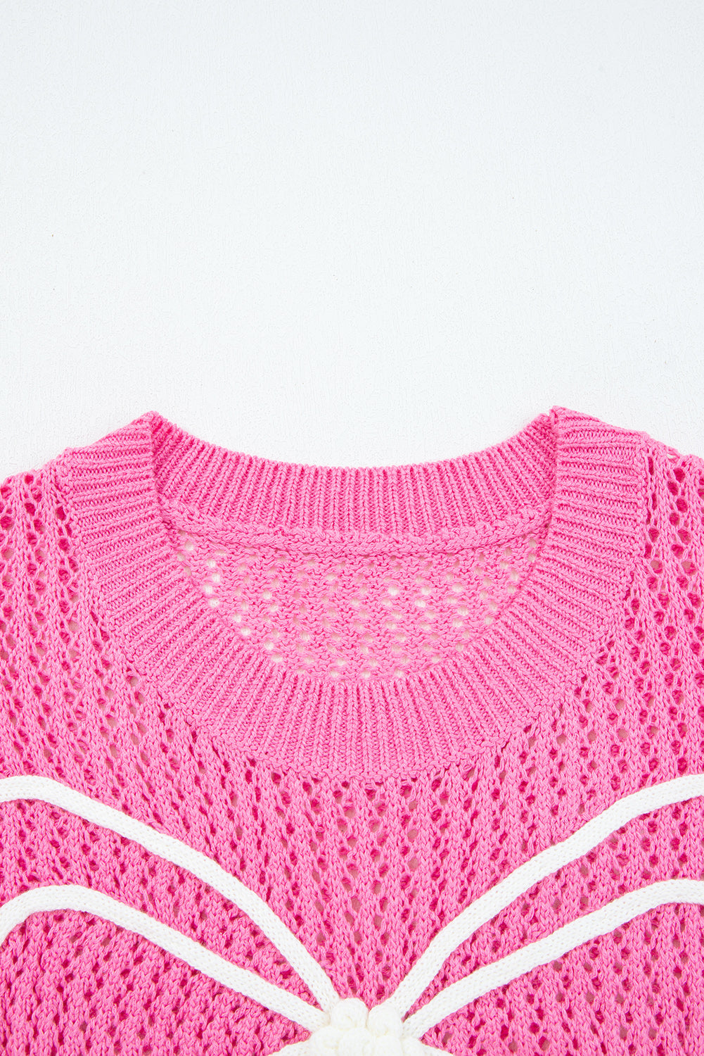 Sachet Pink Bow Decor Hollow Out Knitted Drop Shoulder Sweater