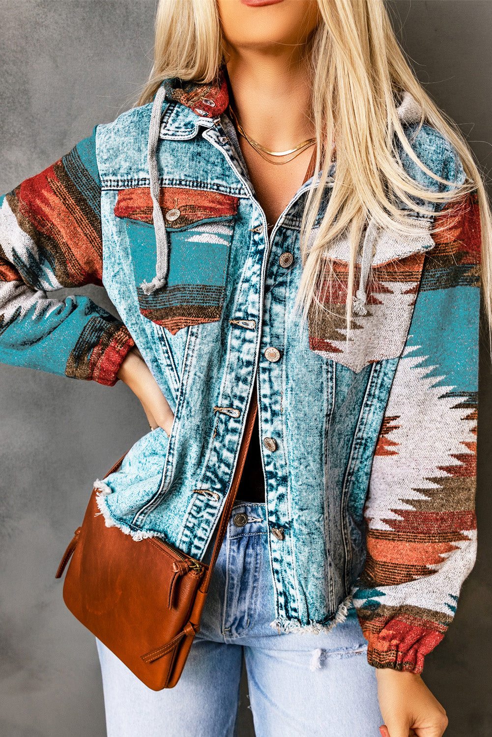 Vibrant Aztec Print Frayed Hem Denim Jacket