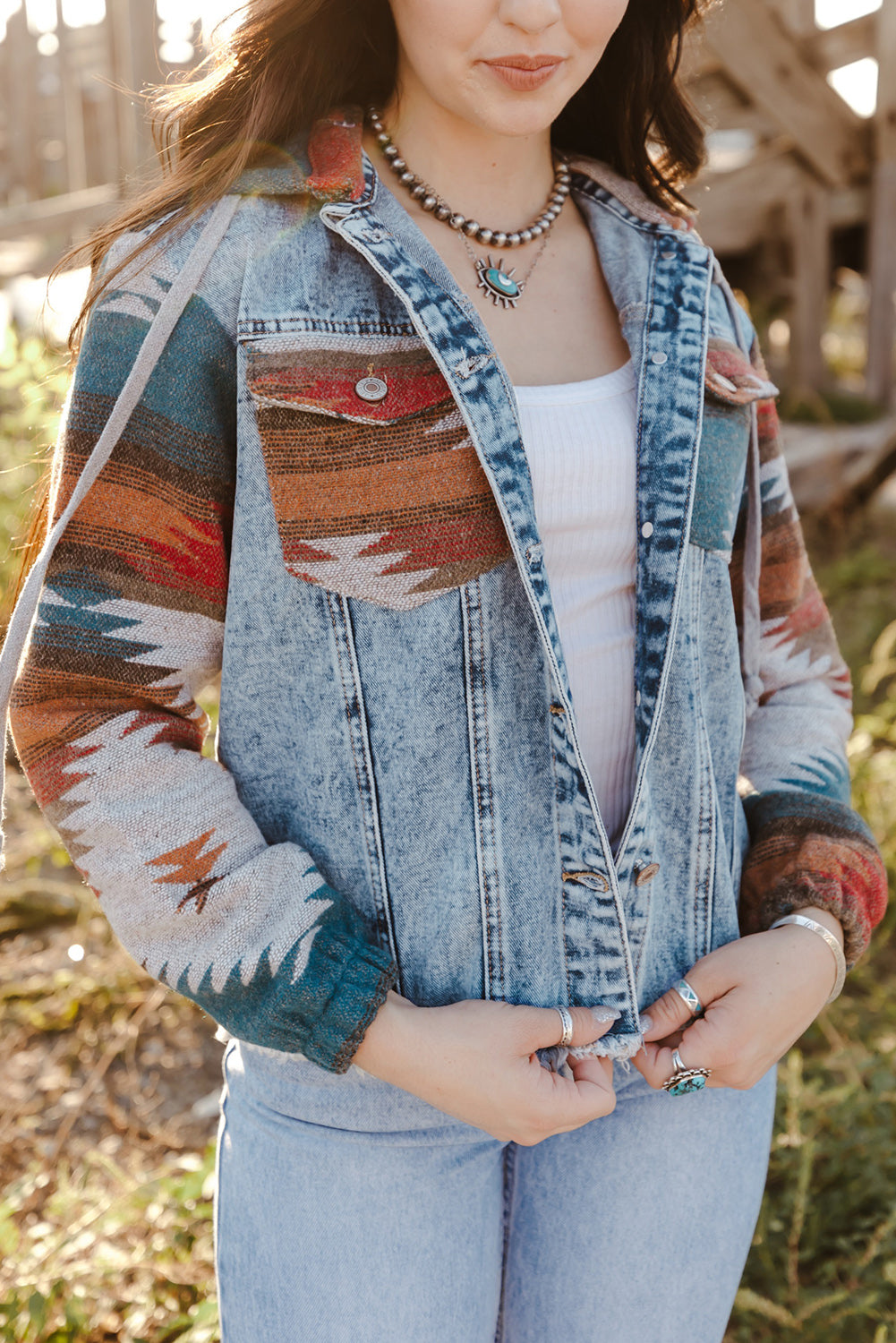Vibrant Aztec Print Frayed Hem Denim Jacket