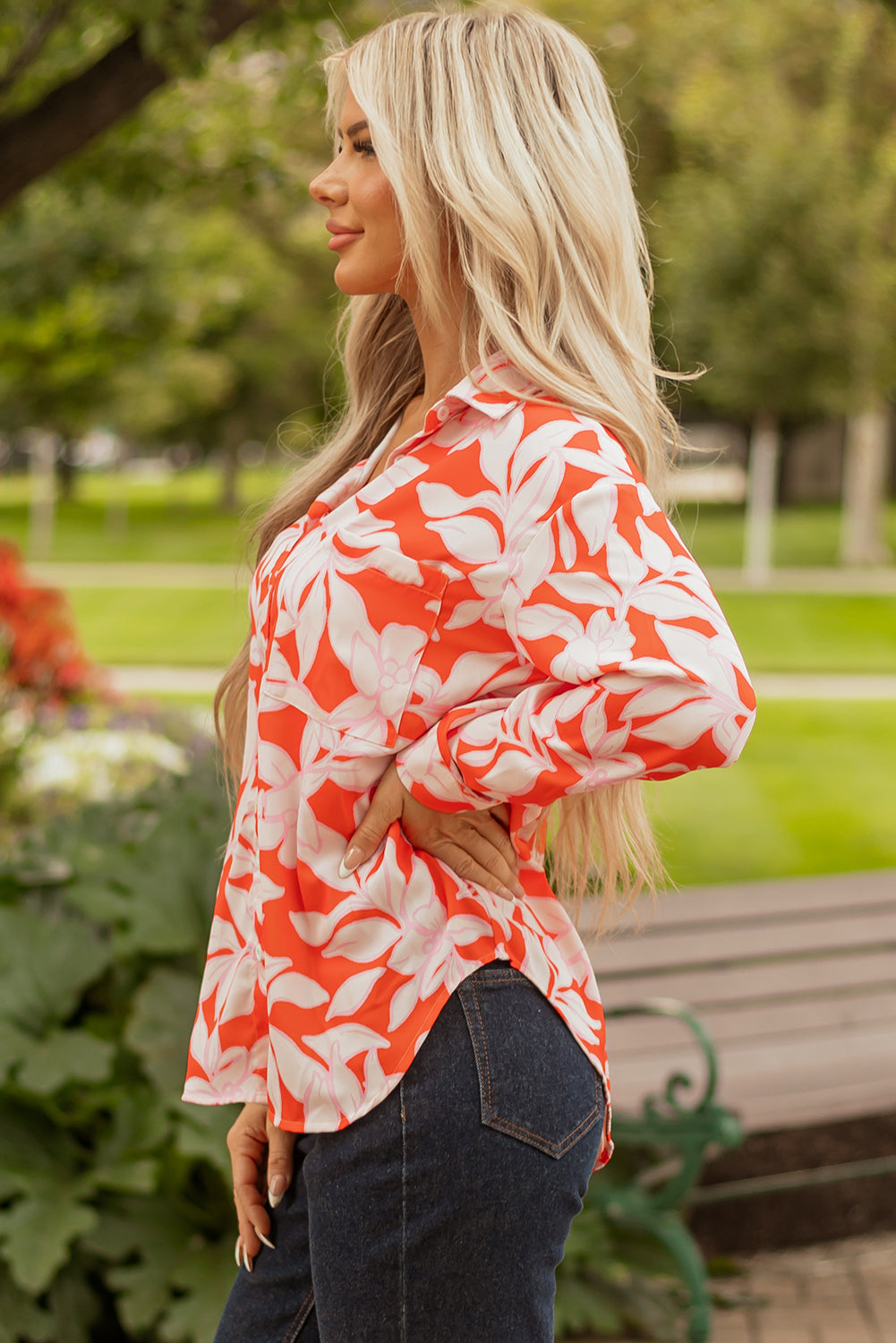 Botanical Blaze Print Single Chest Pocket Button Up Shirt