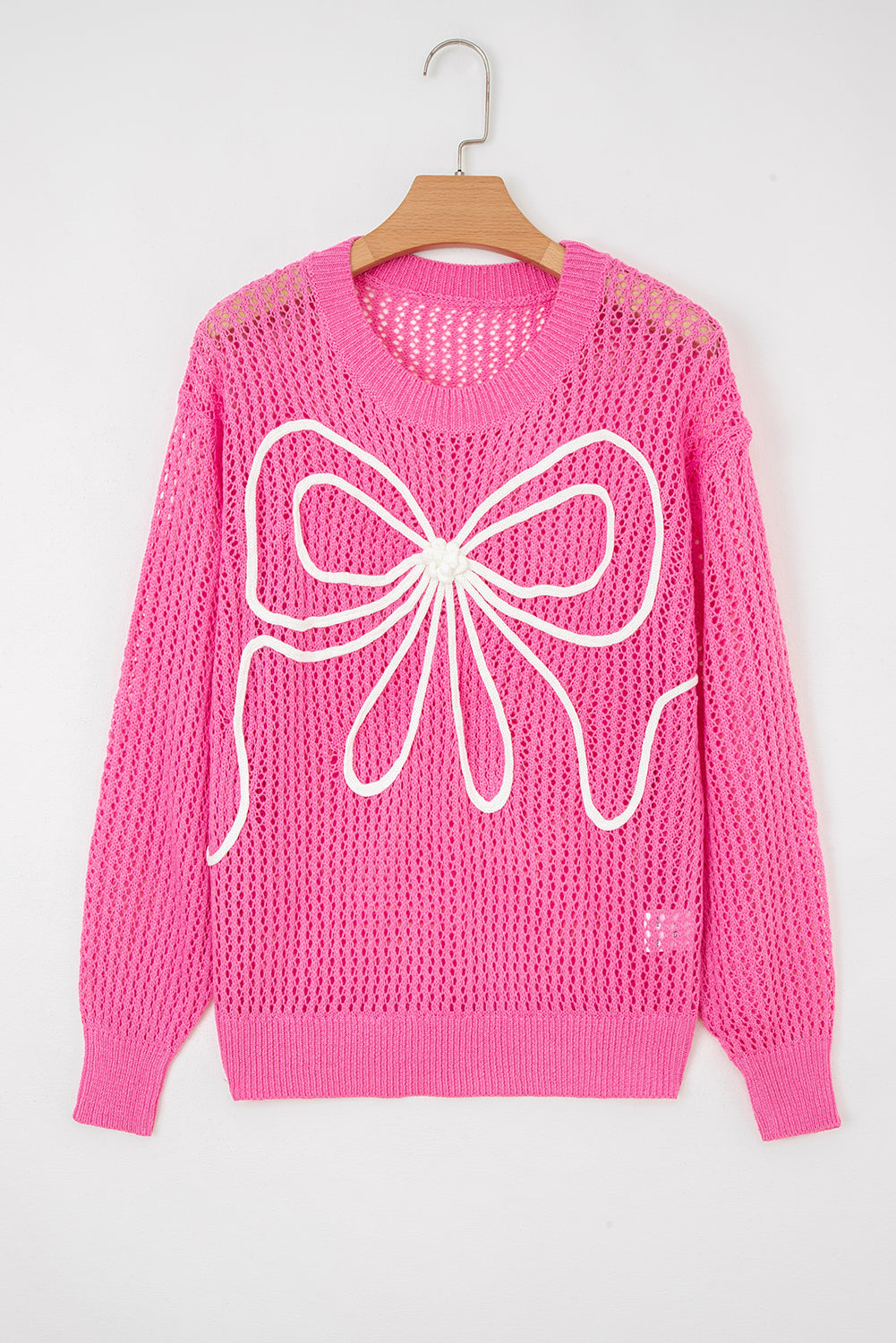 Sachet Pink Bow Decor Hollow Out Knitted Drop Shoulder Sweater