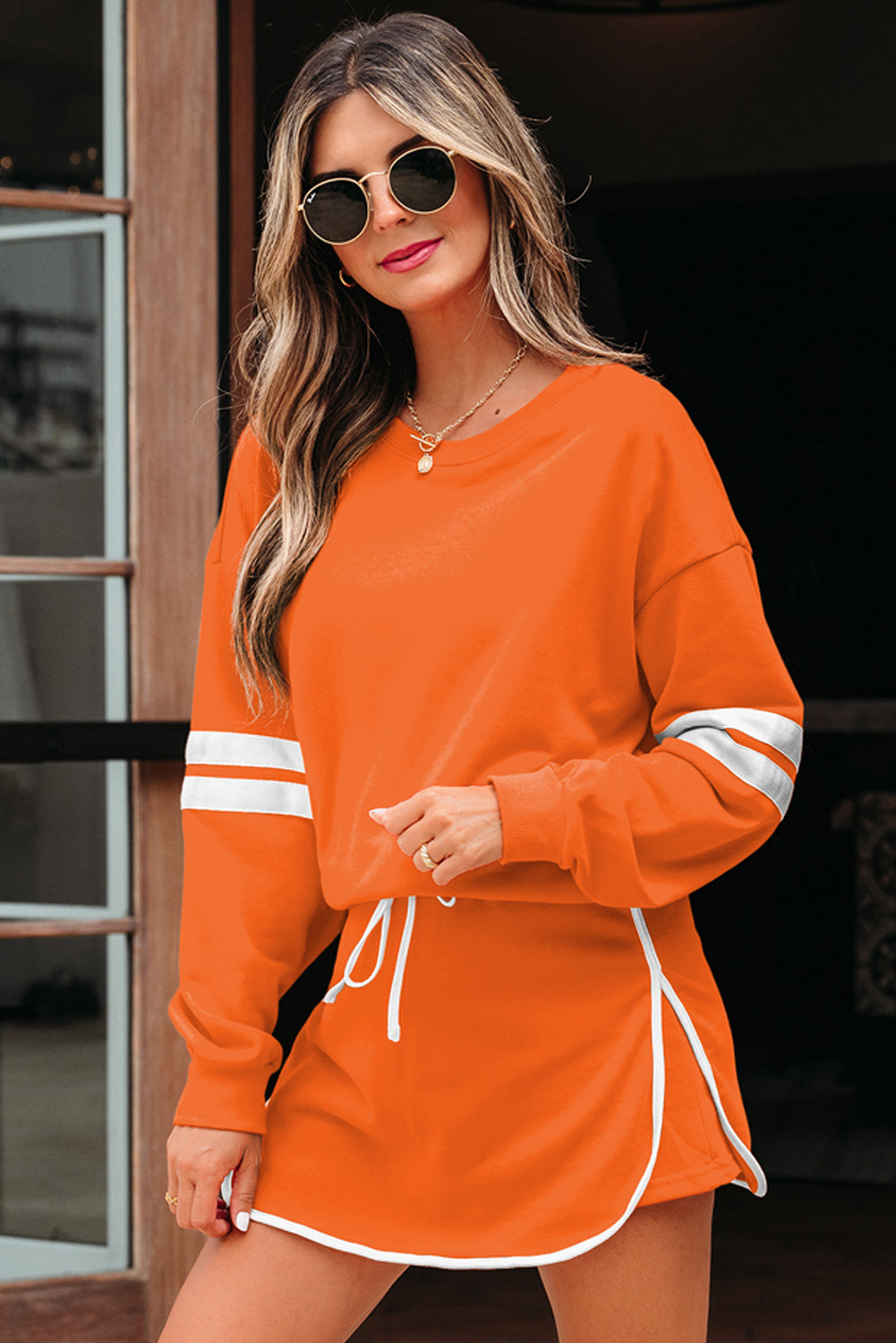 Fly Girl Varsity Stripe Detail Drop Shoulder Pullover Mini Skirt Set