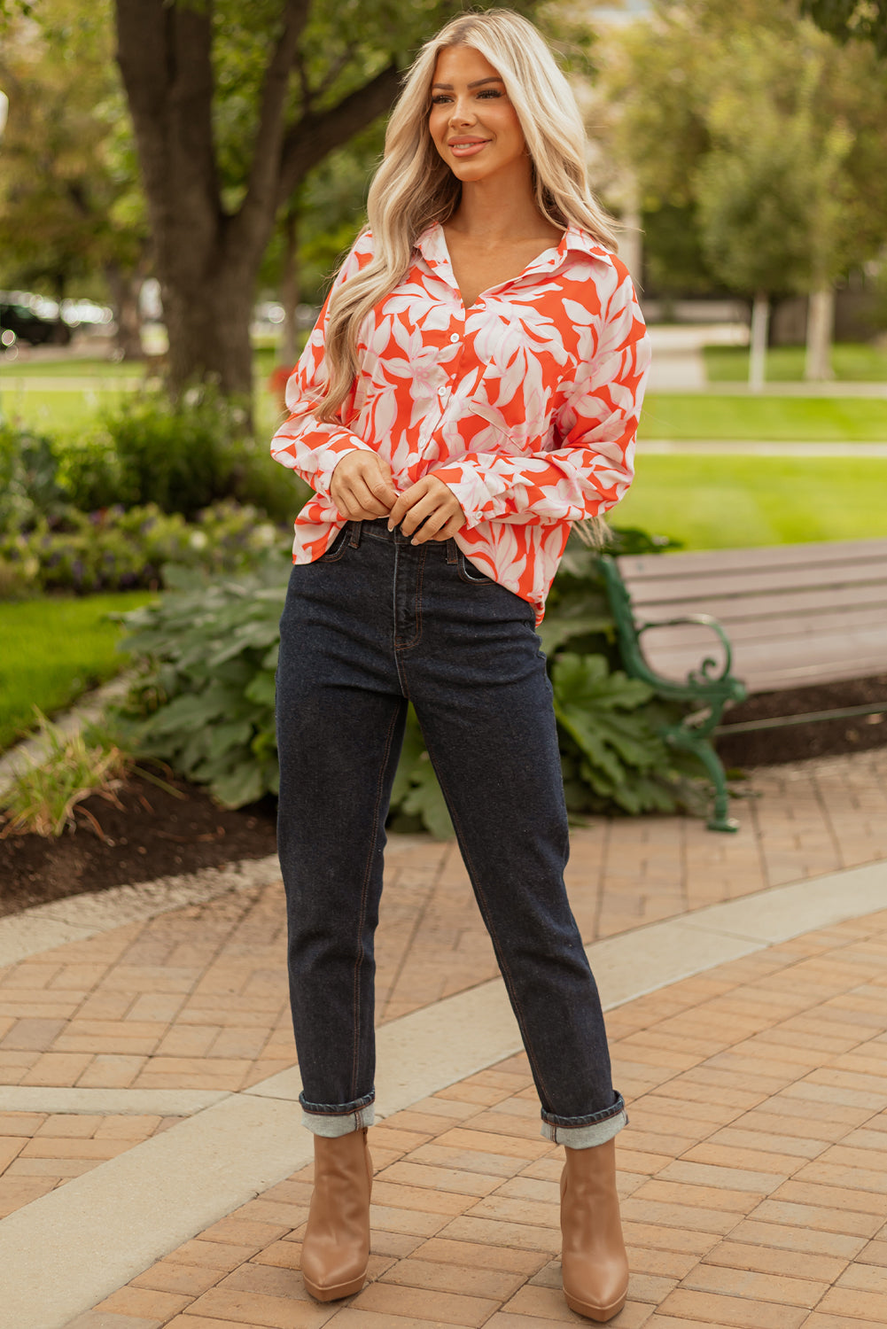 Botanical Blaze Print Single Chest Pocket Button Up Shirt