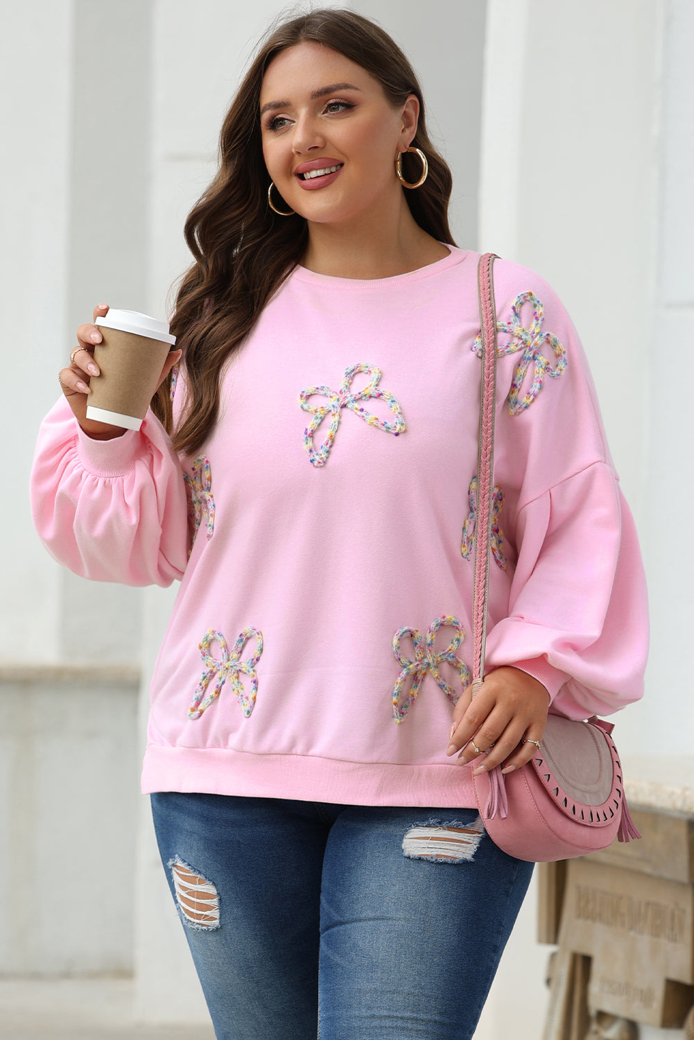Mrs Pinky Is Embroidered Bow Lantern Sleeve Oversized Pullover Sweatshirt