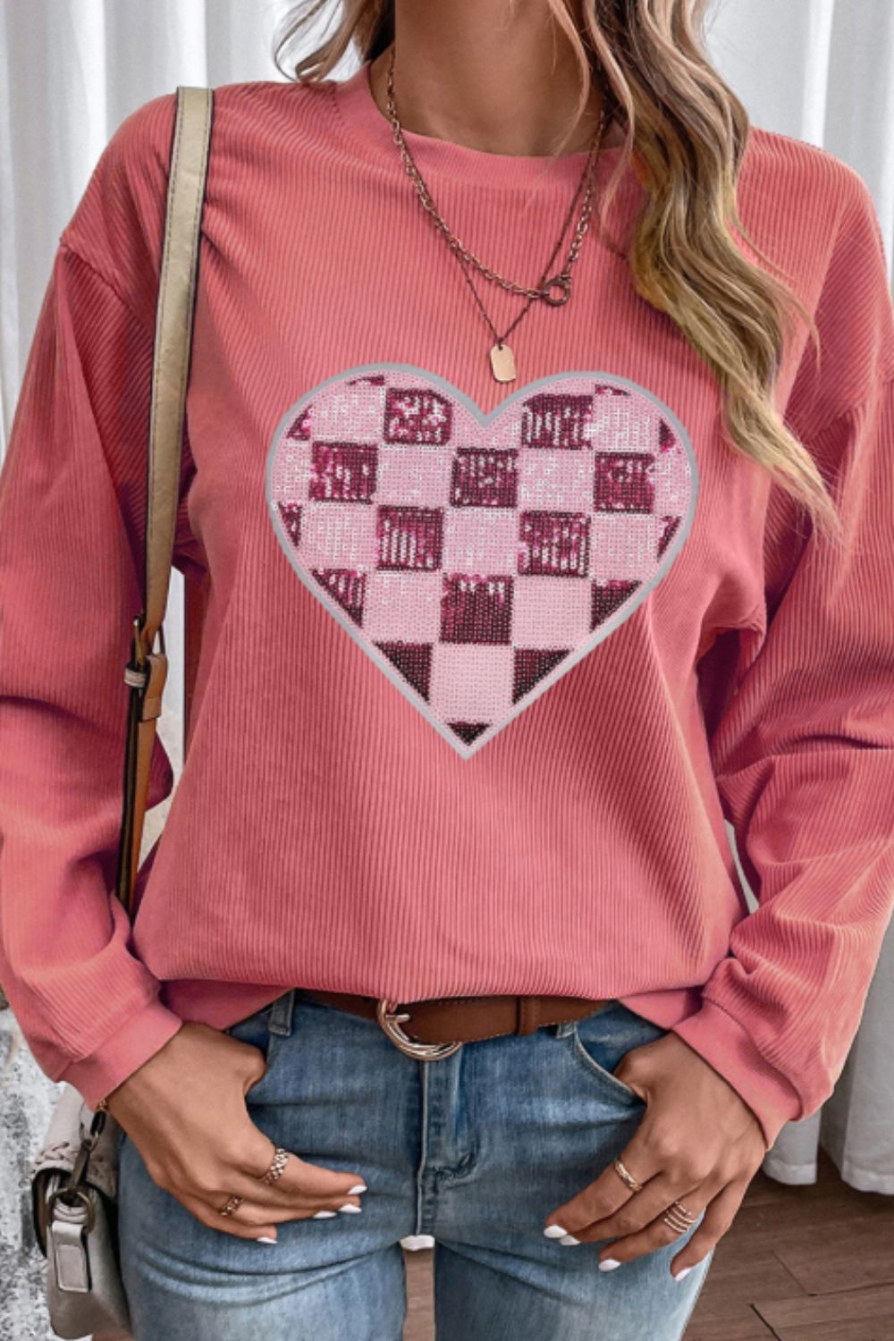 Sequin Checkered Heart Long Sleeve Sweatshirt – Perfect for Valentine’s Day