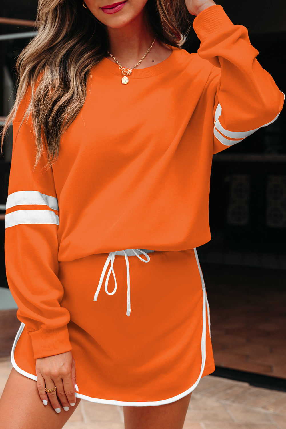 Fly Girl Varsity Stripe Detail Drop Shoulder Pullover Mini Skirt Set