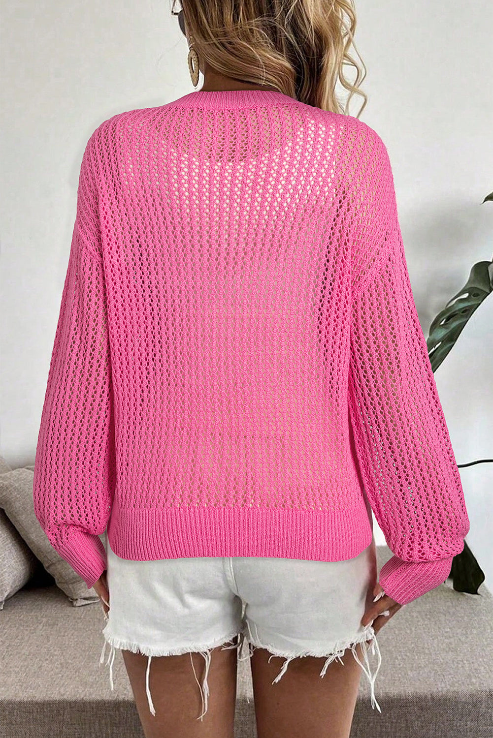 Sachet Pink Bow Decor Hollow Out Knitted Drop Shoulder Sweater