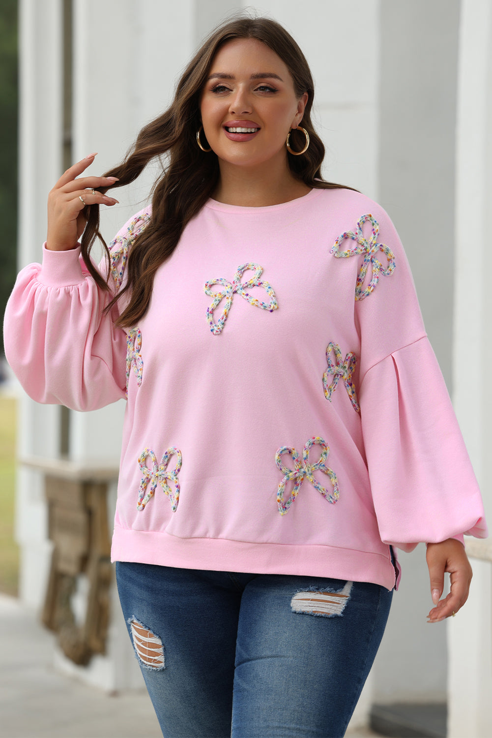 Mrs Pinky Is Embroidered Bow Lantern Sleeve Oversized Pullover Sweatshirt