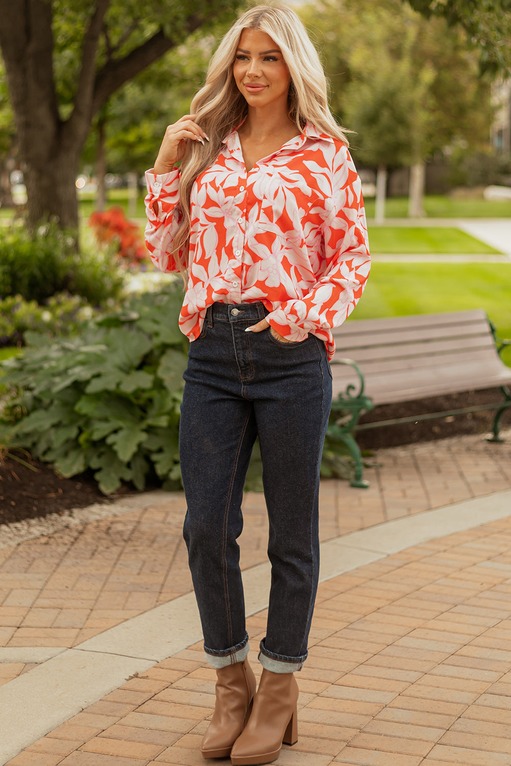 Botanical Blaze Print Single Chest Pocket Button Up Shirt