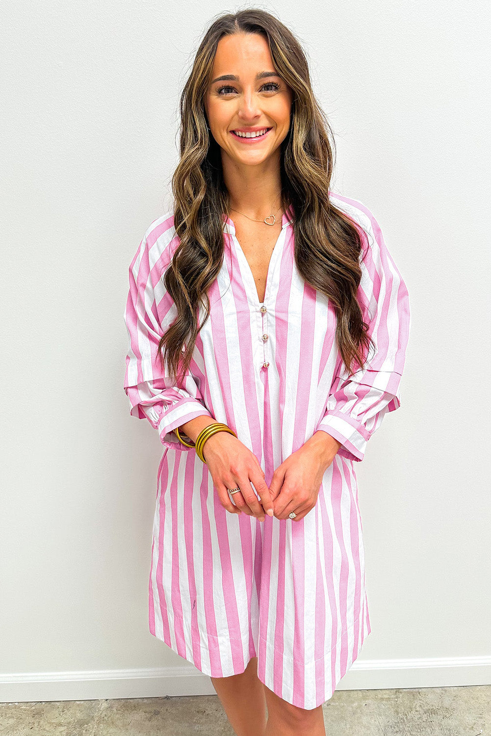 Cow Girl Stripe Bracelet Sleeve Buttons Loose Mini Dress