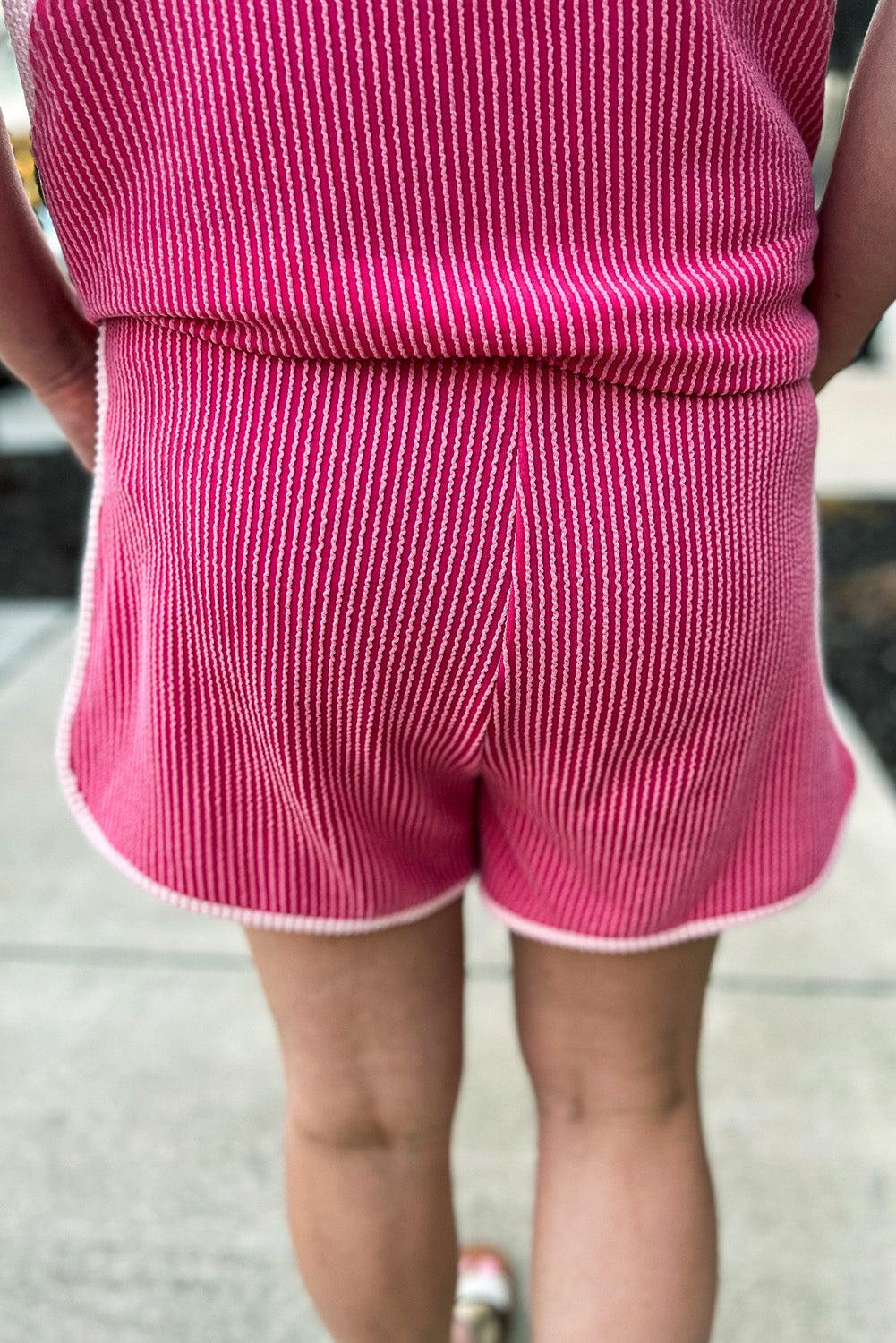 Rosy Red 3D Spiral Ribbed Texture 2 Tones Patchwork Short Set