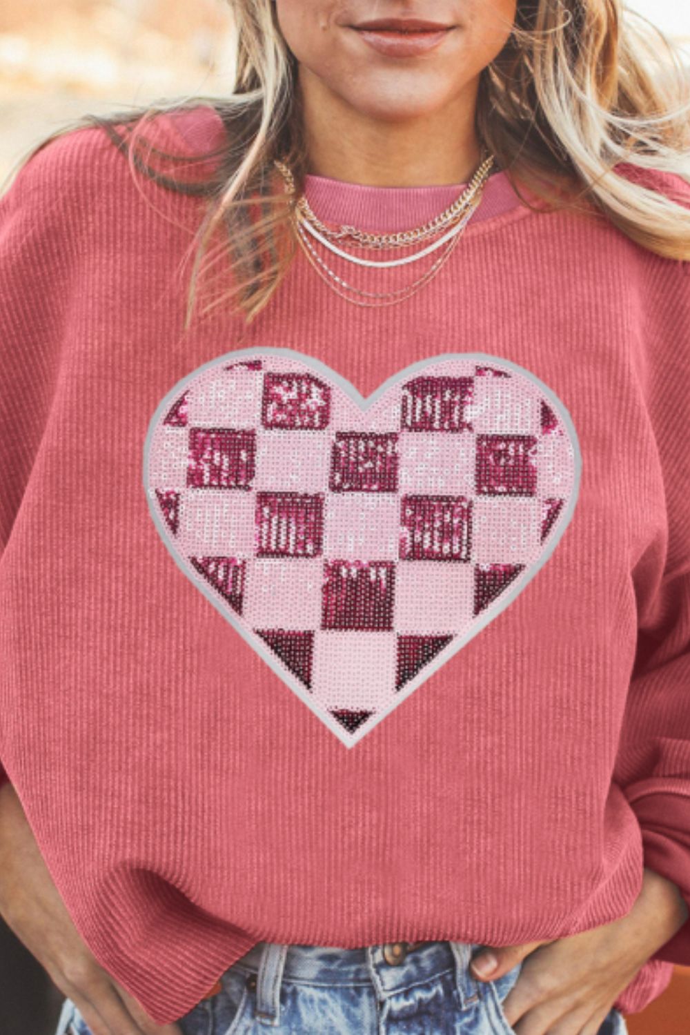 Sequin Checkered Heart Long Sleeve Sweatshirt – Perfect for Valentine’s Day