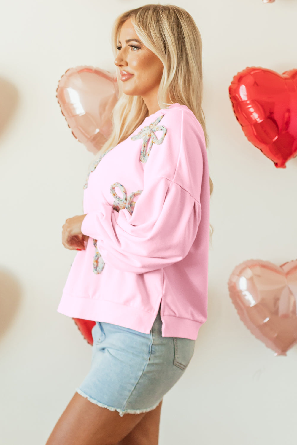 Mrs Pinky Is Embroidered Bow Lantern Sleeve Oversized Pullover Sweatshirt