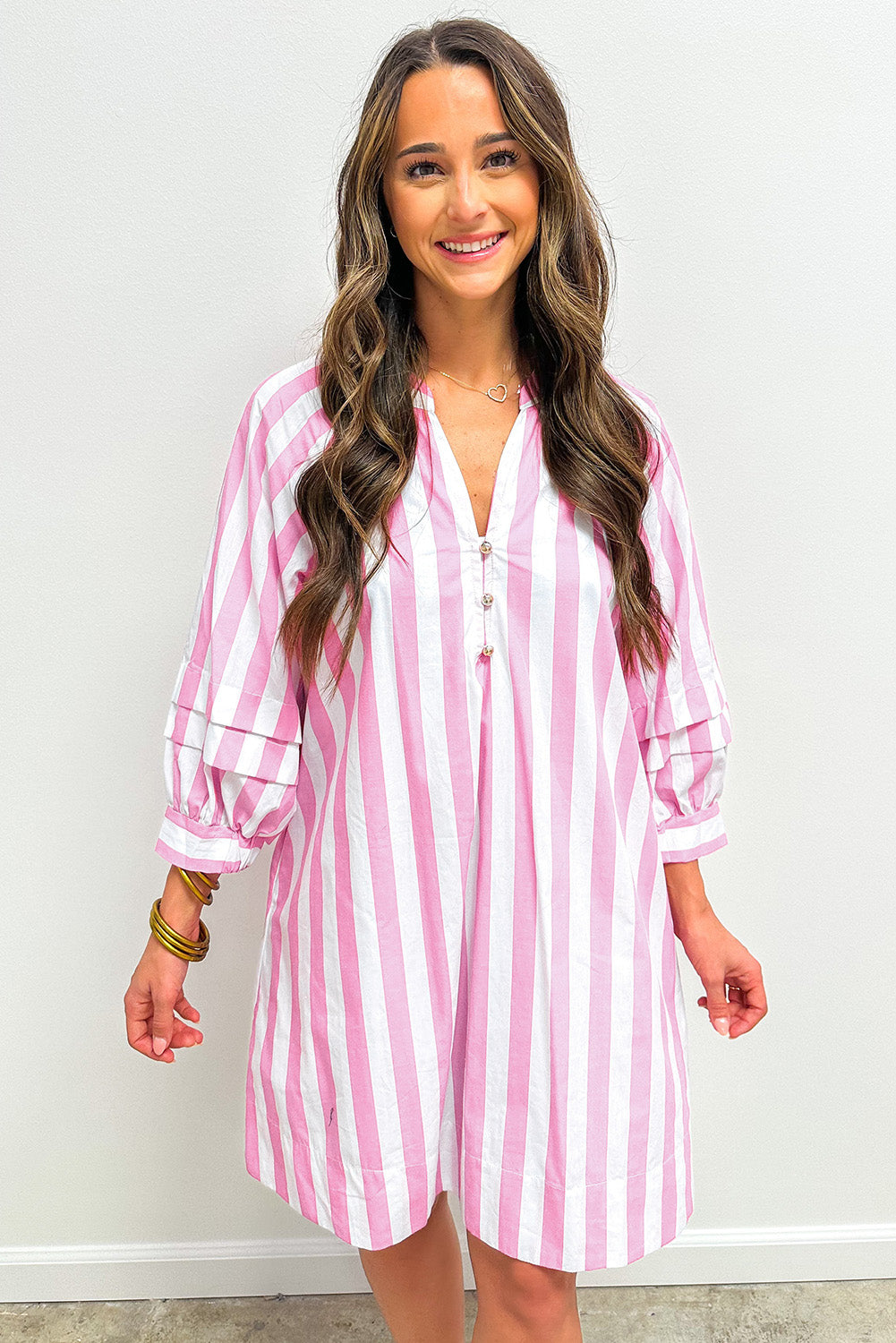 Cow Girl Stripe Bracelet Sleeve Buttons Loose Mini Dress