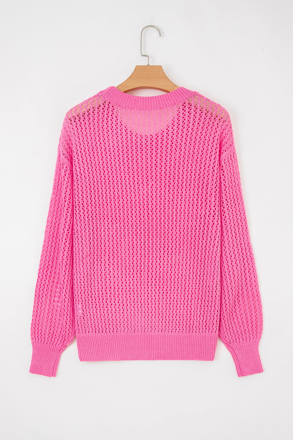 Sachet Pink Bow Decor Hollow Out Knitted Drop Shoulder Sweater
