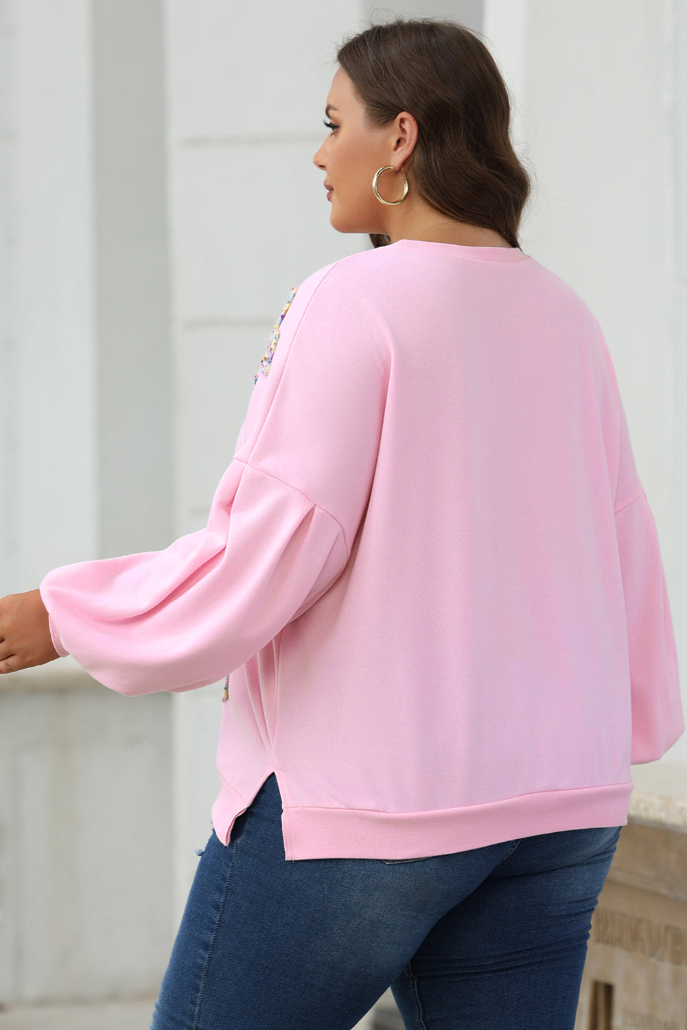 Mrs Pinky Is Embroidered Bow Lantern Sleeve Oversized Pullover Sweatshirt