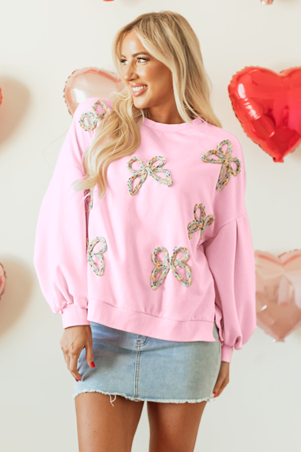Mrs Pinky Is Embroidered Bow Lantern Sleeve Oversized Pullover Sweatshirt