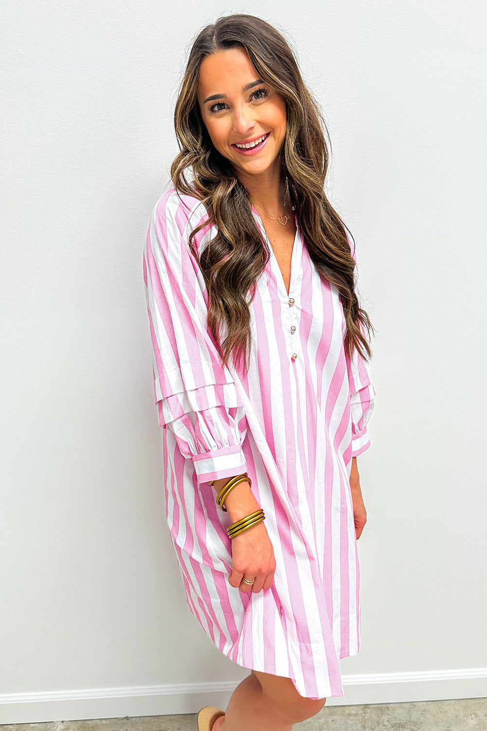 Cow Girl Stripe Bracelet Sleeve Buttons Loose Mini Dress