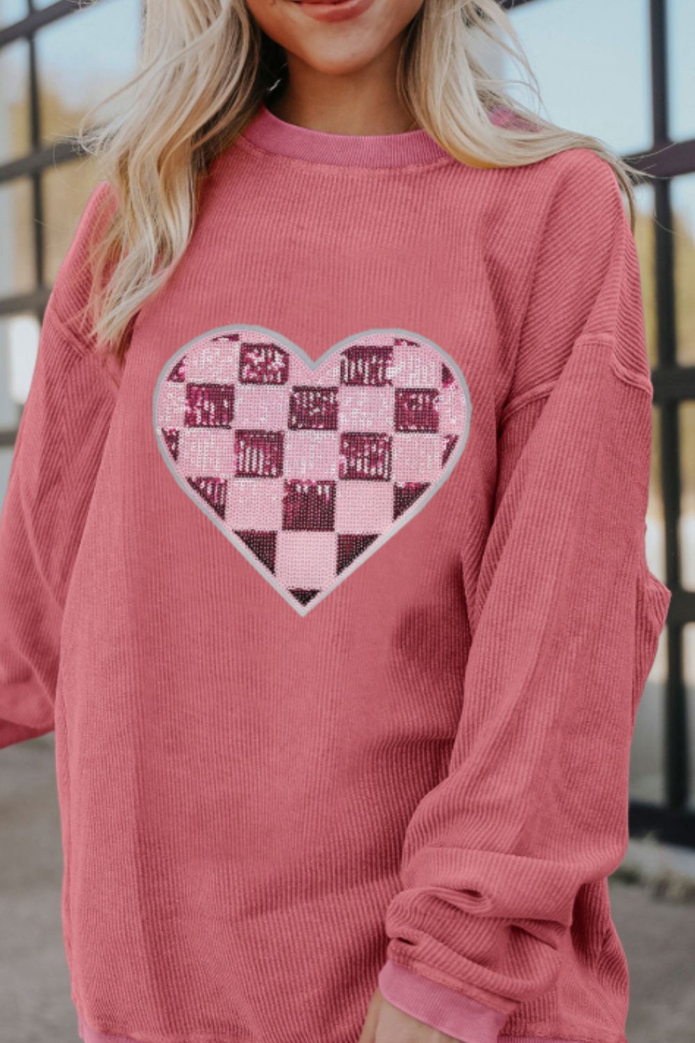 Sequin Checkered Heart Long Sleeve Sweatshirt – Perfect for Valentine’s Day