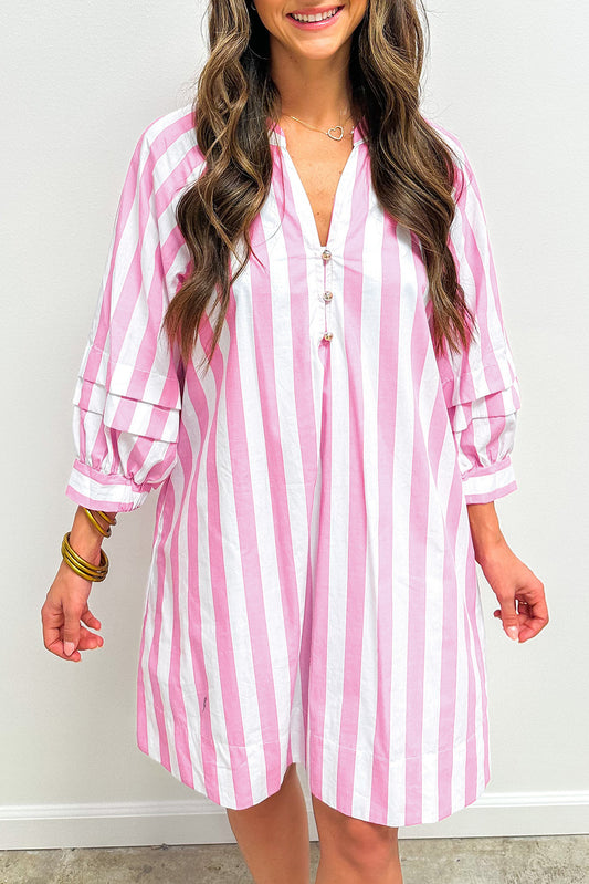 Cow Girl Stripe Bracelet Sleeve Buttons Loose Mini Dress