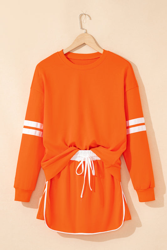 Fly Girl Varsity Stripe Detail Drop Shoulder Pullover Mini Skirt Set