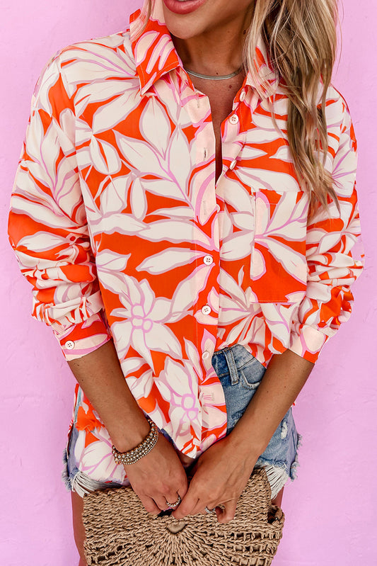Botanical Blaze Print Single Chest Pocket Button Up Shirt