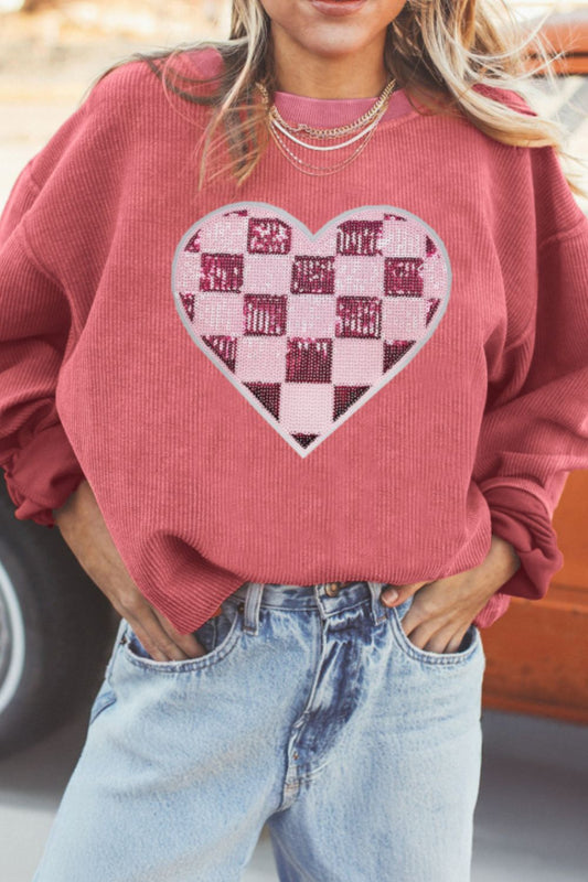 Sequin Checkered Heart Long Sleeve Sweatshirt – Perfect for Valentine’s Day