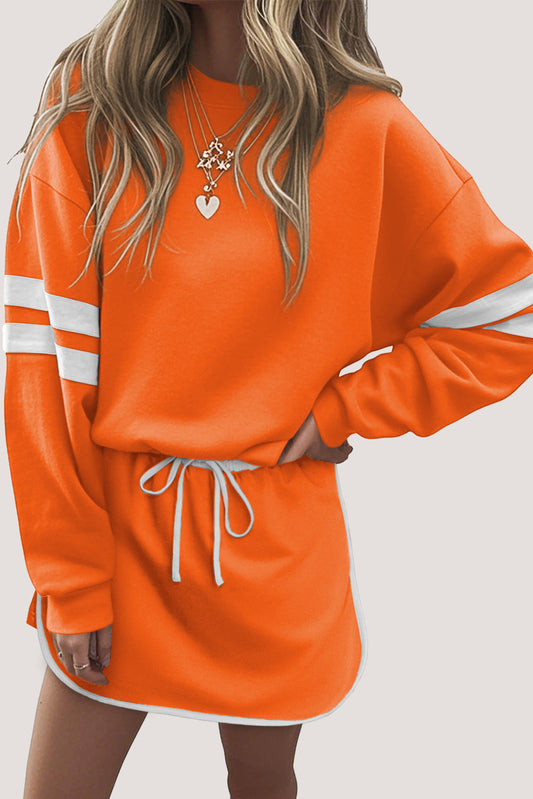 Fly Girl Varsity Stripe Detail Drop Shoulder Pullover Mini Skirt Set