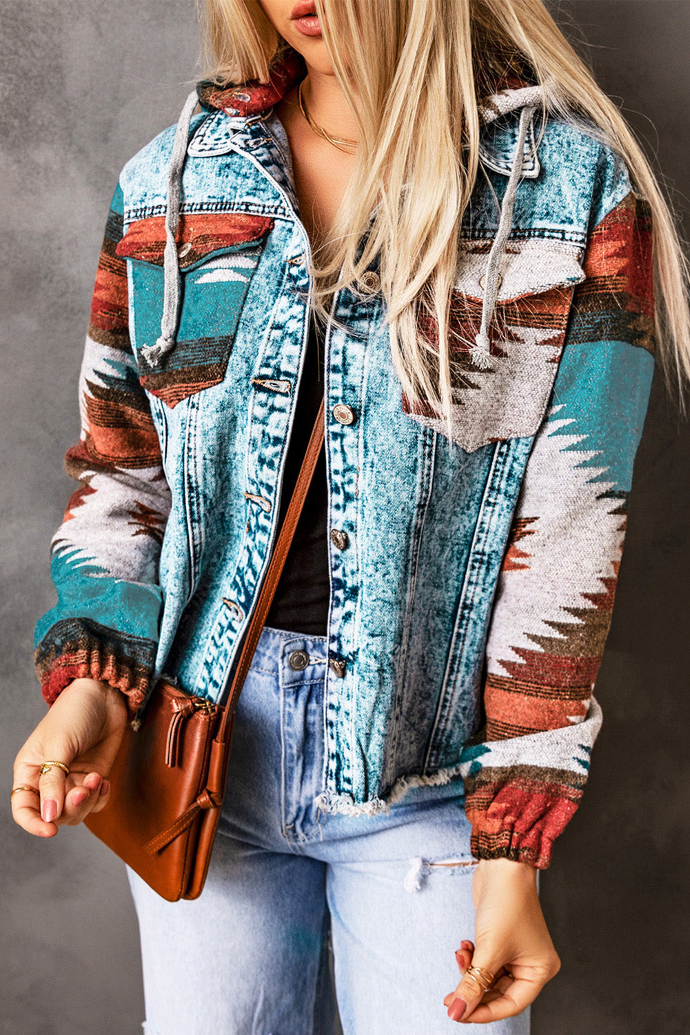 Vibrant Aztec Print Frayed Hem Denim Jacket