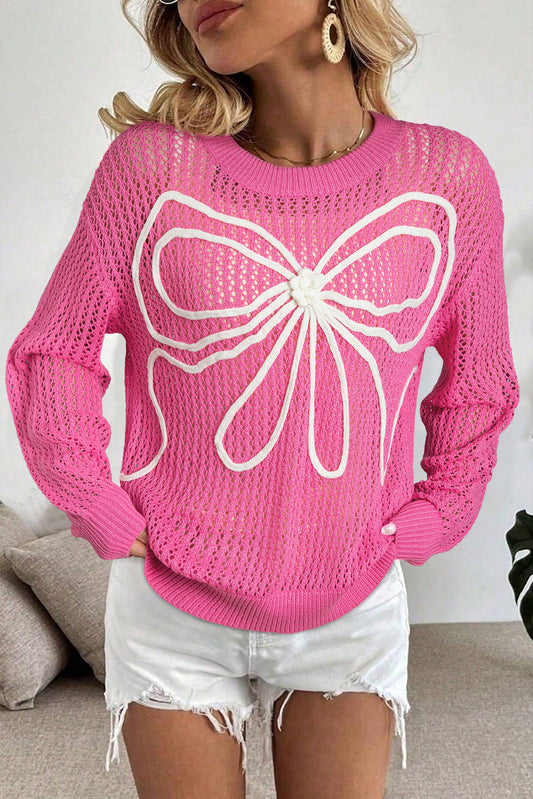 Sachet Pink Bow Decor Hollow Out Knitted Drop Shoulder Sweater